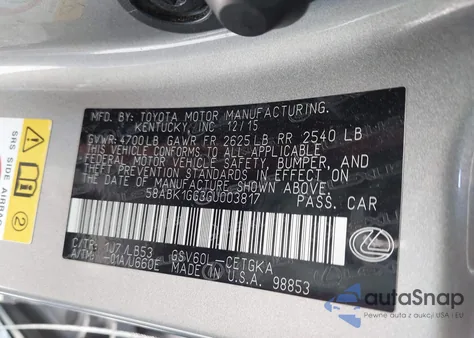 2016 Lexus Es 350 z USA, uszkodzony, nr VIN 58ABK1GG3GU003817